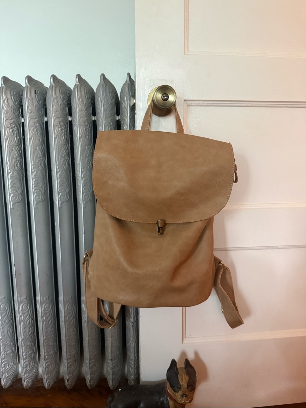 Classic Tan Vegan Leather Backpack with Flap Closure